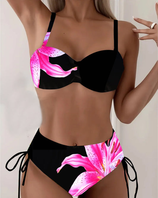 Floral Print Triangle Bikini with Ties